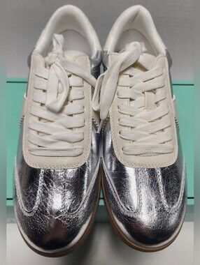 7.5 Womens Silver Metallic Lace Up Sneakers Cream Accents Shoes MIA girl New